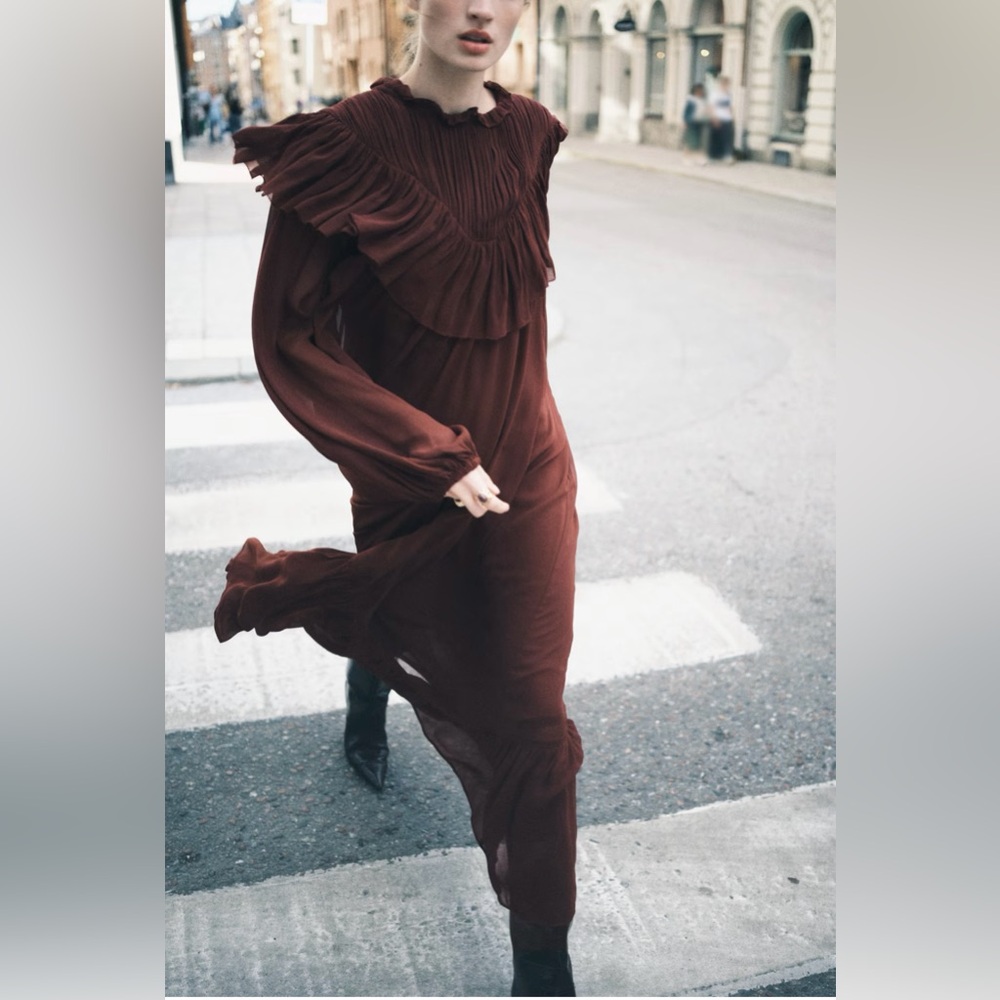 H&M NWT BURGUNDY RUFFLE-TRIMMED CHIFFON DRESS SIZE XS